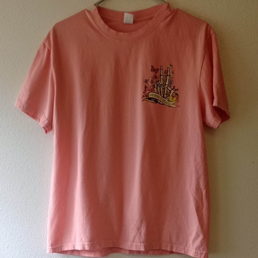 Good Energy Is Contagious Graphic T-Shirt Butterfly Skeleton Detail Pink Size L
